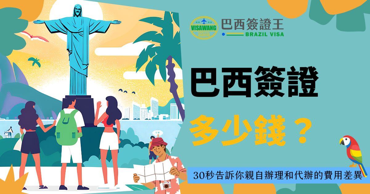 圖片背景為巴西著名景點基督像及海灘，生動活潑的色彩吸引眼球，重點介紹了辦理巴西簽證的費用，提醒旅客不同簽證類型的價格差異。