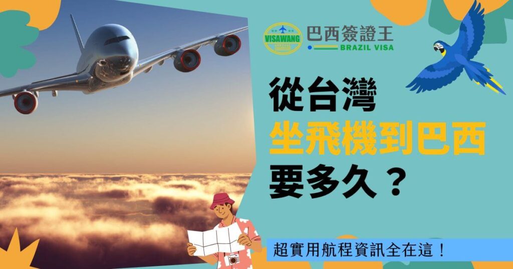 圖片展示一架飛機飛翔在夕陽餘暉下的雲海中，右側背景為巴西簽證王標誌與色彩鮮明的文字，傳遞實用的航程資訊。
